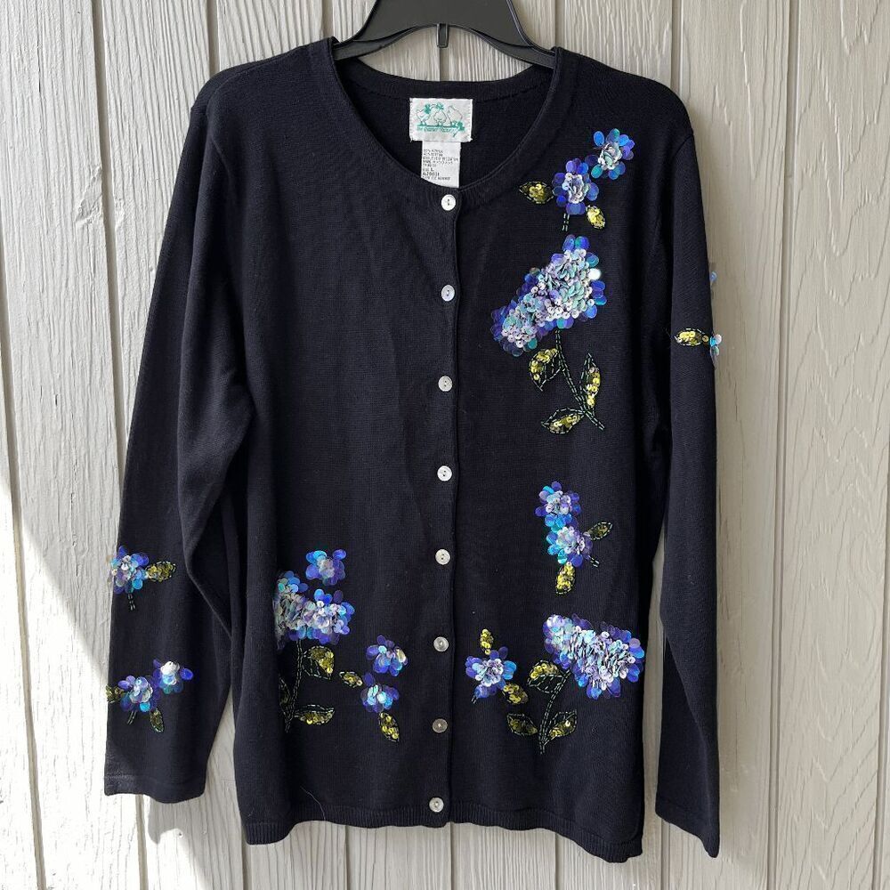 Quacker Factory Floral Cardigan L NWOT 3D Beaded Sequin Iridescent Detail